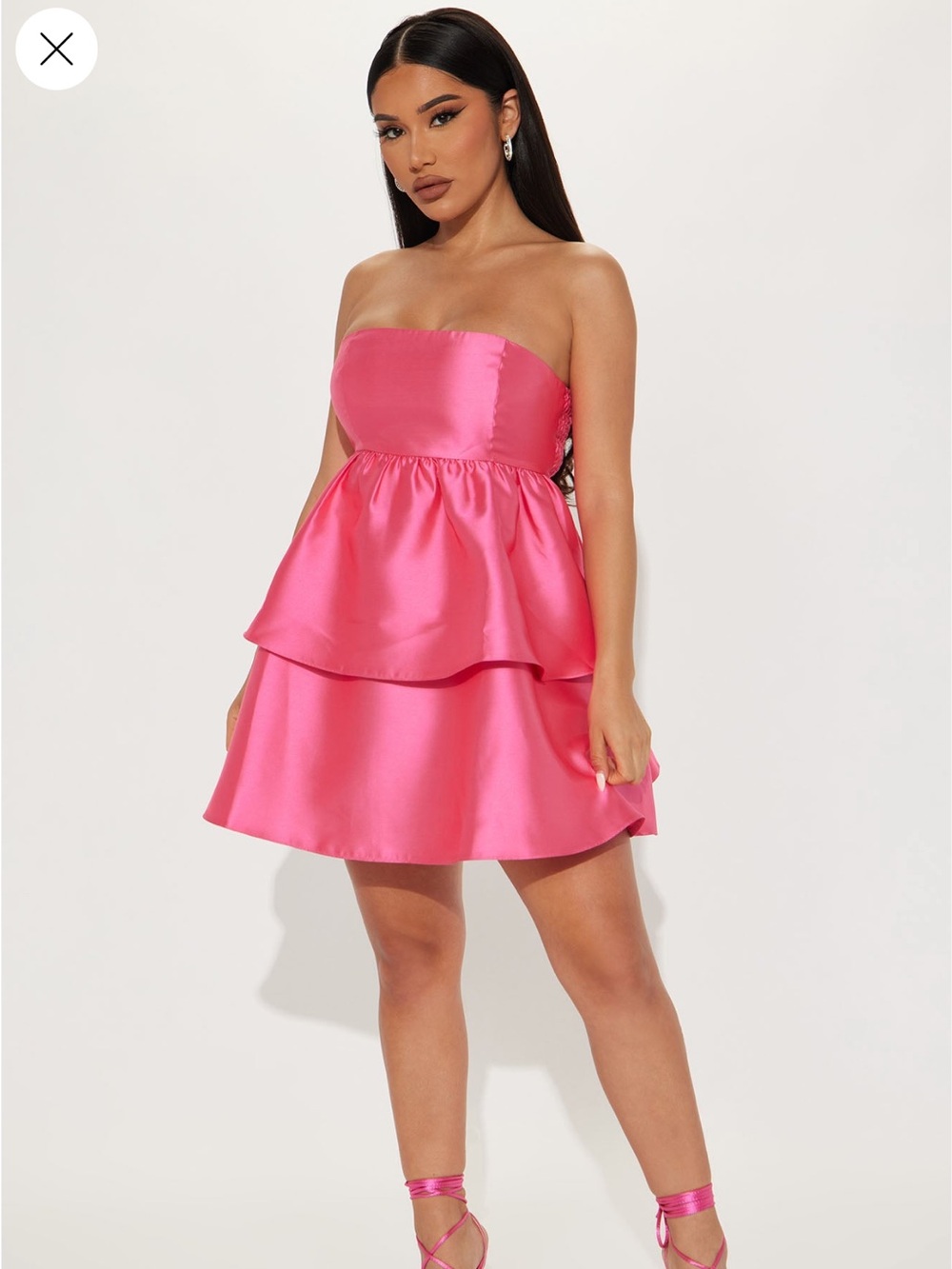 Fashion Nova Lily Rose Mini Dress. Strapless Tiered Satin Dress in Bright Pink - Picture 2 of 3